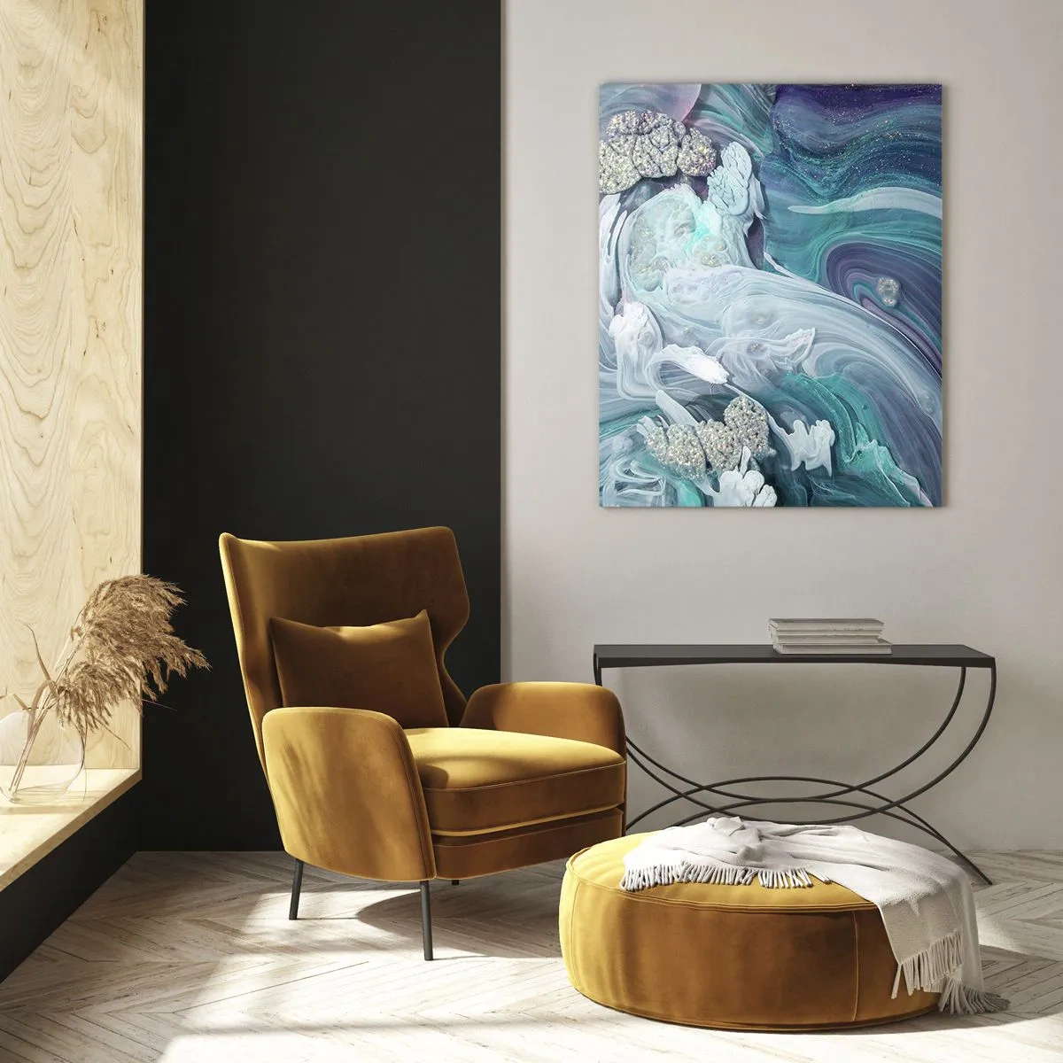 Glasbild - Bild auf glas - Abstrakte Wirbel in Blau- und Weißtönen - 70x100cm - Strömungen von Himmelblau - Moderne Wanddekoration für Wohnzimmer und Schlafzimmer ARTTOR