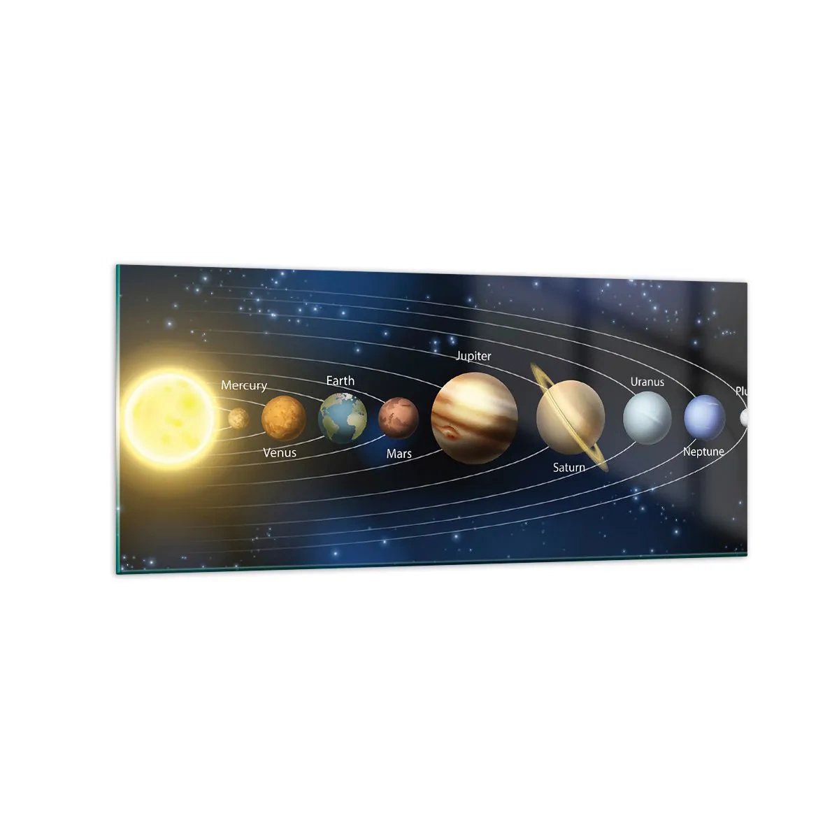 Glasbild - Bild auf glas - Diagramm des Sonnensystems mit Planeten und Sonne - 120x50cm - Einer von zehn - Moderne Wanddekoration für Wohnzimmer und Schlafzimmer ARTTOR