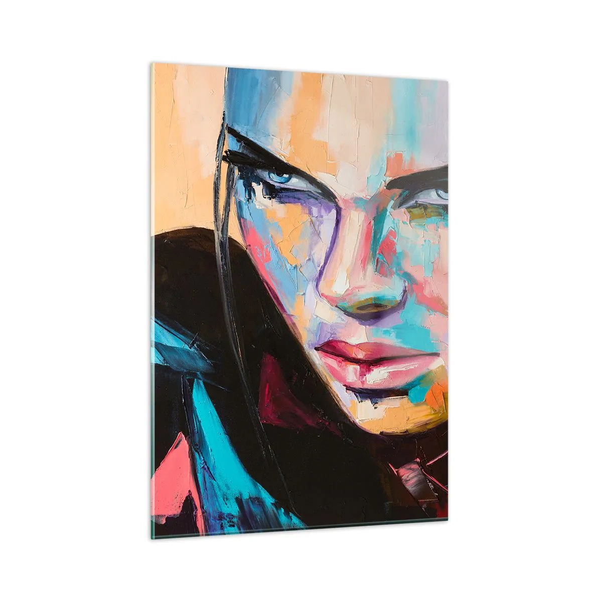Glasbild - Bild auf glas - Porträt einer Frau in leuchtenden Farben vor abstraktem Hintergrund - 50x70cm - Wild im Herzen - Moderne Wanddekoration für Wohnzimmer und Schlafzimmer ARTTOR