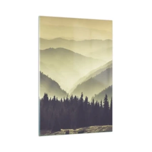 Glasbild - Bild auf glas - Malerische Bergketten im Nebel in warmem Licht - 80x120cm - Hinter den sieben Bergen ... - Moderne Wanddekoration für Wohnzimmer und Schlafzimmer ARTTOR