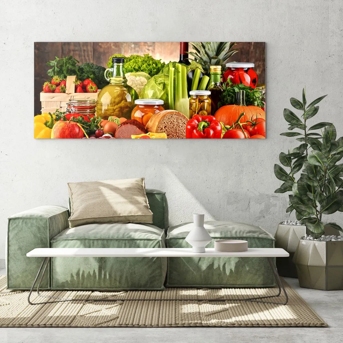 Glasbild - Bild auf glas - Buntes Obst, Gemüse und Lebensmittel - 140x50cm - Geräuchert, gebacken und eingelegt - Moderne Wanddekoration für Wohnzimmer und Schlafzimmer ARTTOR