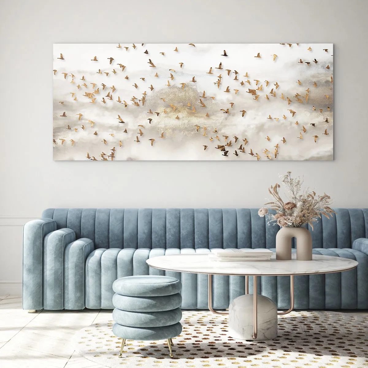 Glasbild - Bild auf glas - Goldene Vögel vor den nebligen Bergen - 140x50cm - Es ist schon die Zeit… - Moderne Wanddekoration für Wohnzimmer und Schlafzimmer ARTTOR