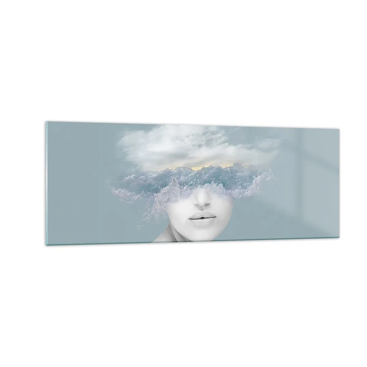 Glasbild - Bild auf glas - Porträt einer Frau, deren Gesicht hinter Wolken und Wellen verborgen ist - 140x50cm - Mit dem Kopf in den Wolken - Moderne Wanddekoration für Wohnzimmer und Schlafzimmer ARTTOR