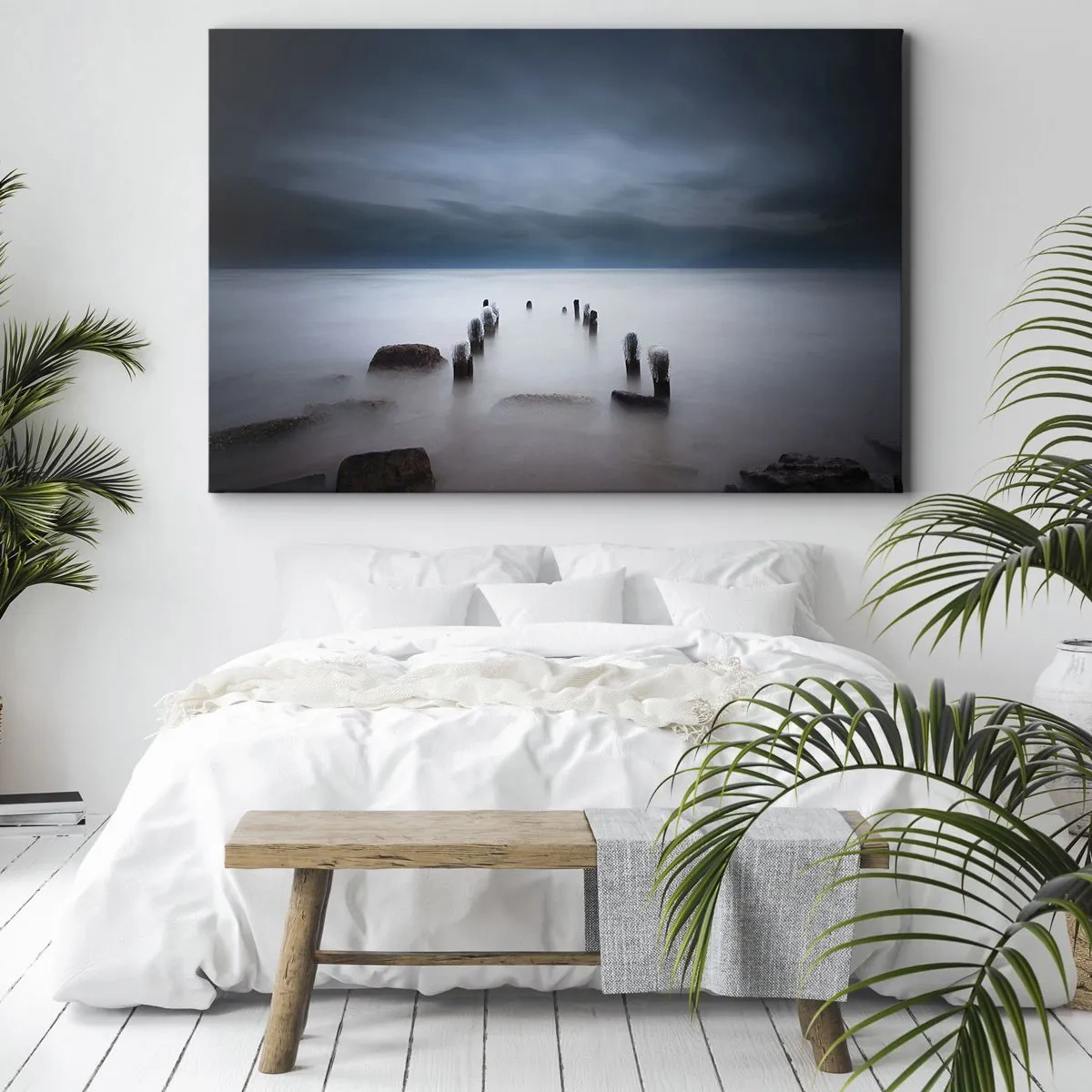 Bild auf Leinwand - Leinwandbild - Der alte Pier vor der Kulisse eines ruhigen Meeres - 120x80cm - Nachdenklicher See - Moderne Wanddekoration für Wohnzimmer und Schlafzimmer ARTTOR