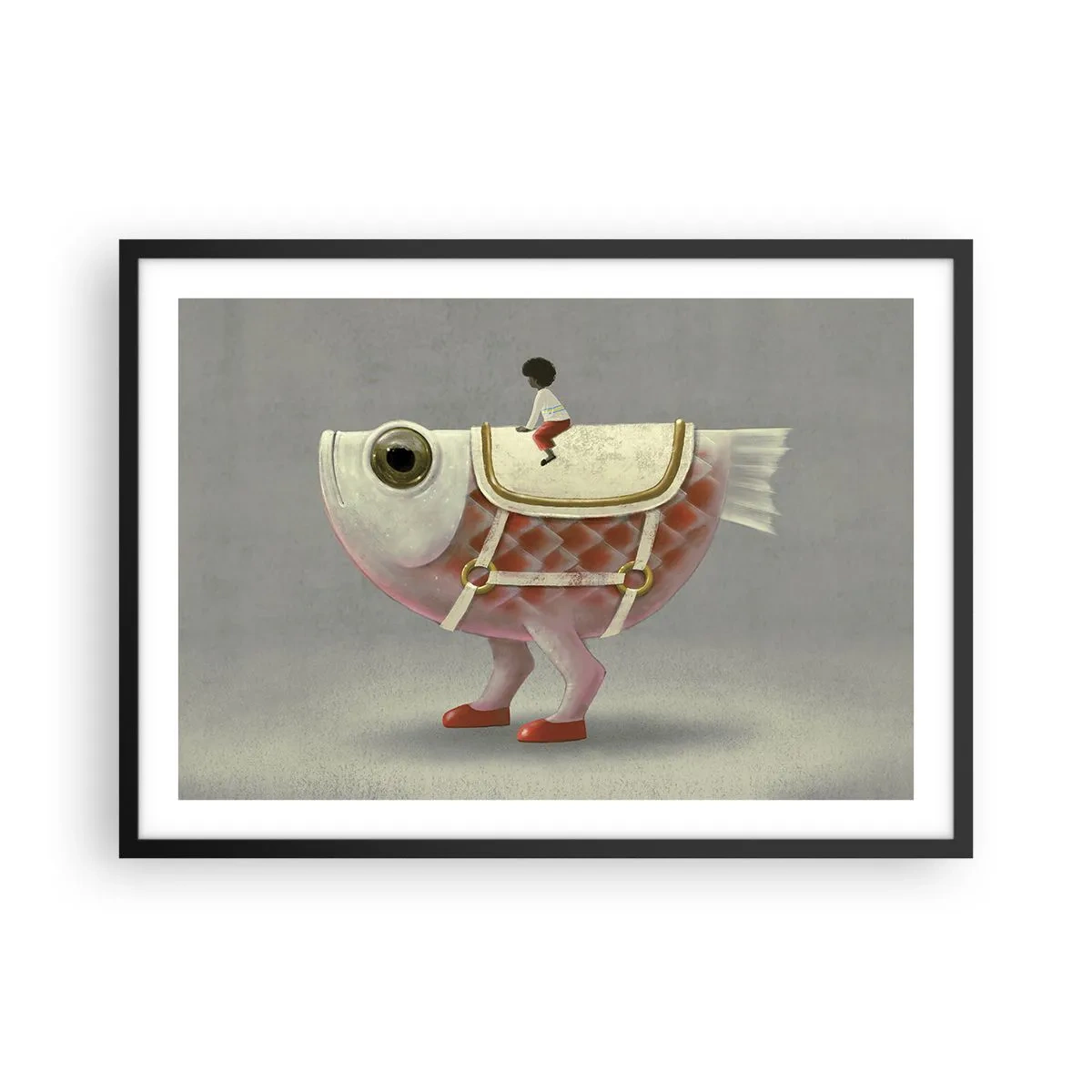 Poster in einem schwarzem Rahmen - Ein schicker Fischreiter mit Beinen und Sattel - 70x50cm - Reiter auf einem surrealen Fisch - Moderne Wanddekoration für Wohnzimmer und Schlafzimmer ARTTOR