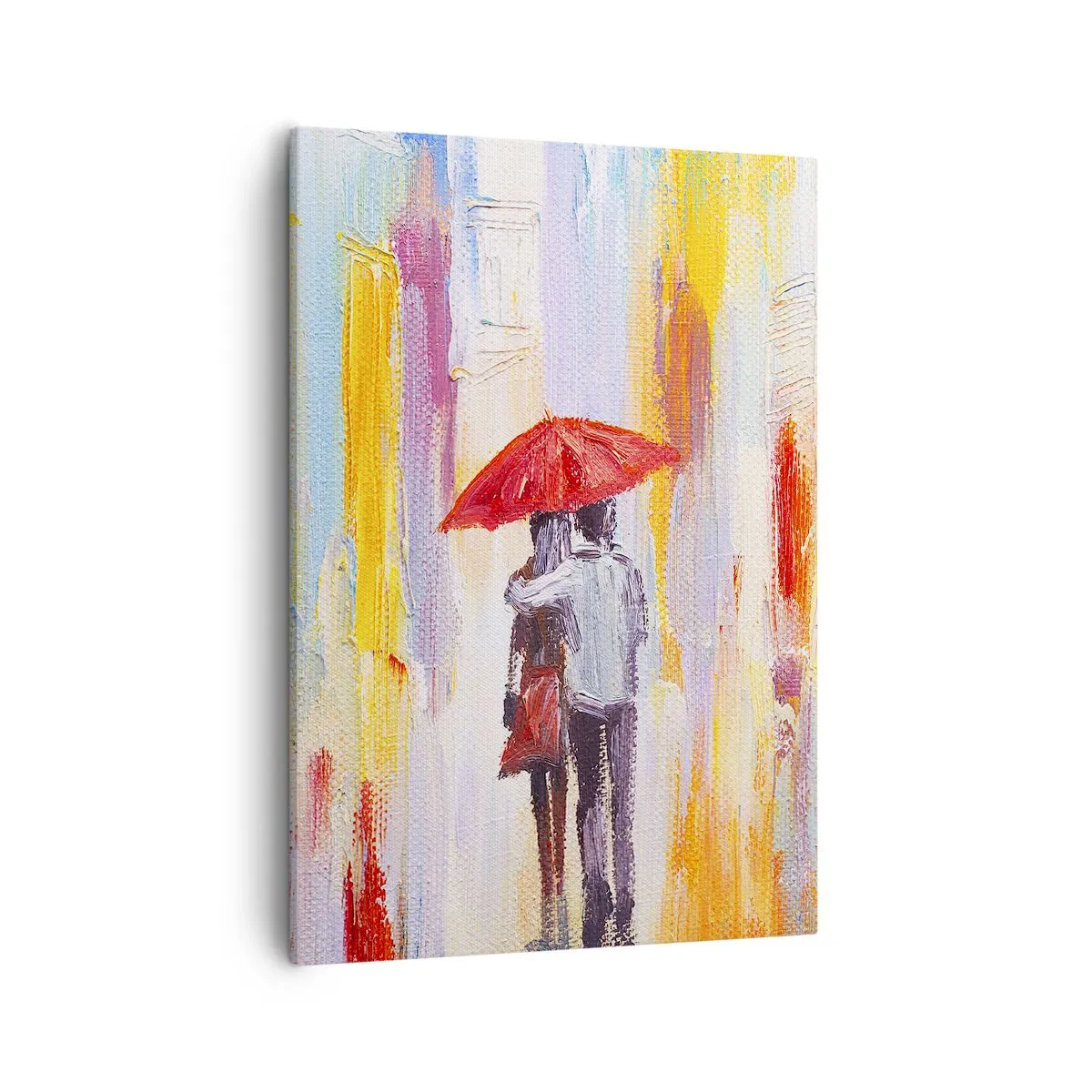 Bild auf Leinwand - Leinwandbild - Ein Paar unter einem roten Regenschirm mit bunten Gebäuden im Hintergrund. - 50x70cm - Lass es weiter regnen - Moderne Wanddekoration für Wohnzimmer und Schlafzimmer ARTTOR