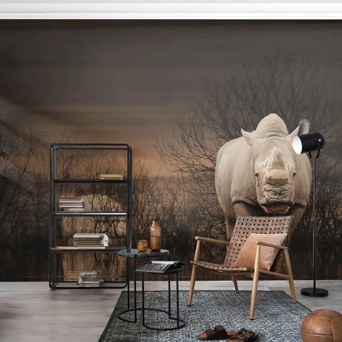 Selbstklebende Fototapete Deluxe Sticker - Weiß gegen die Natur - Nashorn, Tiere, Afrika - 350x256 cm