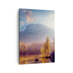 Bild auf Leinwand - Leinwandbild - Malerischer Blick auf den Bergwald und den See im Morgengrauen - 50x70cm - In den Bergen und Tälern - Moderne Wanddekoration für Wohnzimmer und Schlafzimmer ARTTOR