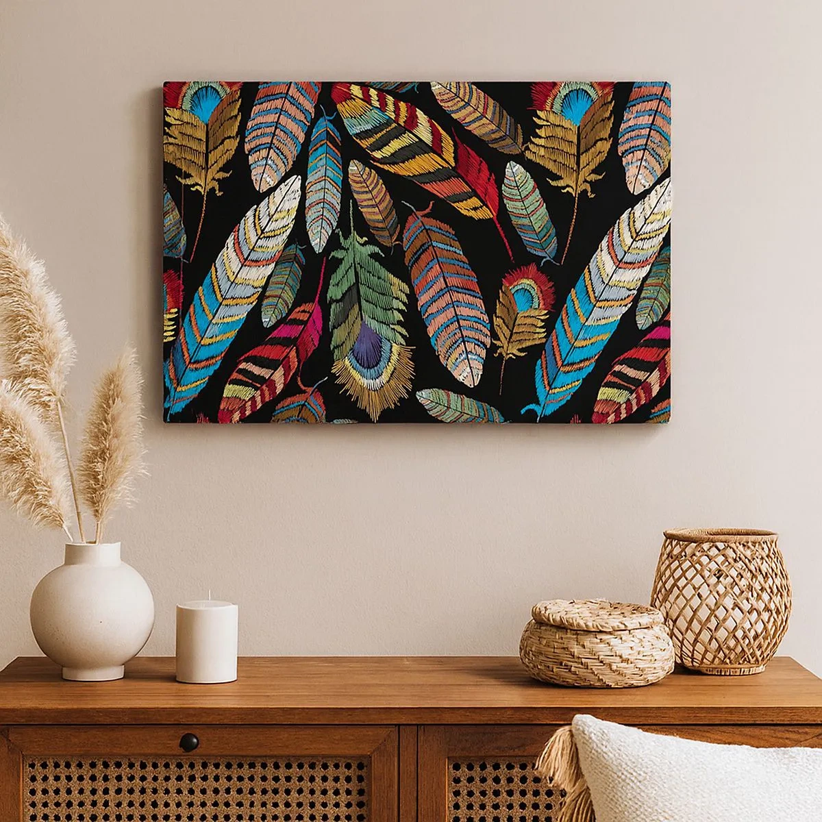 Bild auf Leinwand - Leinwandbild - Bunte Federn auf schwarzem Hintergrund - 70x50cm - Der Vogelkarneval - Moderne Wanddekoration für Wohnzimmer und Schlafzimmer ARTTOR