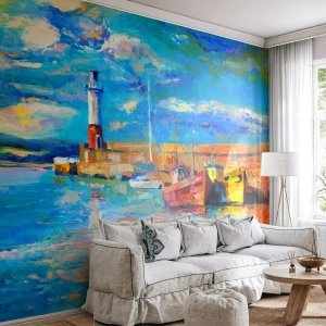 Maßgeschneiderte Fototapete Premium Canvas - Ein Nachmittag in der Regenbogenbucht - Fischerhafen, Fischerboot, Leuchtturm