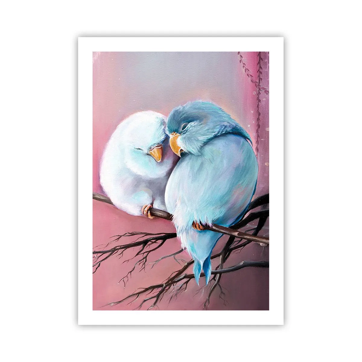 Poster - Zwei Vögel sitzen auf einem Ast in einer romantischen Umgebung - 50x70cm - Was kann ich hier hinzufügen? ... - Moderne Wanddekoration für Wohnzimmer und Schlafzimmer ARTTOR