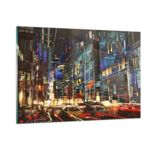 Glasbild - Bild auf glas - Abendliche Stadtstraße mit Neonlichtern und Verkehr - 120x80cm - Abendlicher Straßentrubel - Moderne Wanddekoration für Wohnzimmer und Schlafzimmer ARTTOR