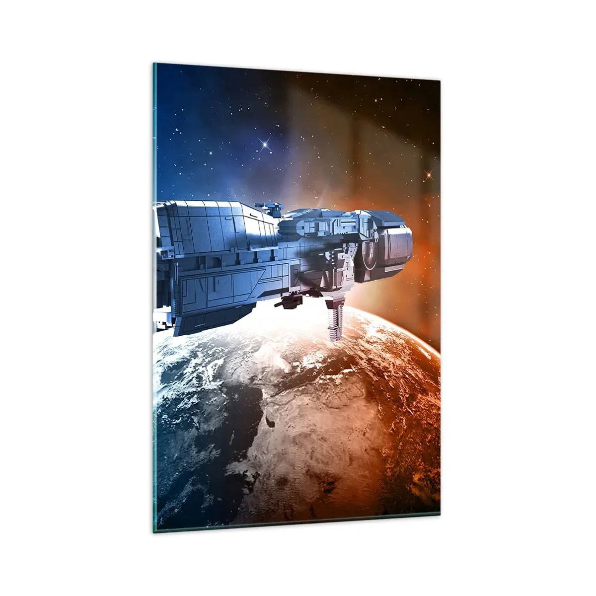 Glasbild - Bild auf glas - Ein Raumschiff vor dem Hintergrund eines Planeten im Weltraum - 80x120cm - Ein aufmerksamer Beobachter - Moderne Wanddekoration für Wohnzimmer und Schlafzimmer ARTTOR