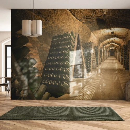 Fototapete Premium Canvas - Die Geburt des Geschmacks - Gastronomie, Eine Flasche Wein, Weinkeller - 400x280 cm