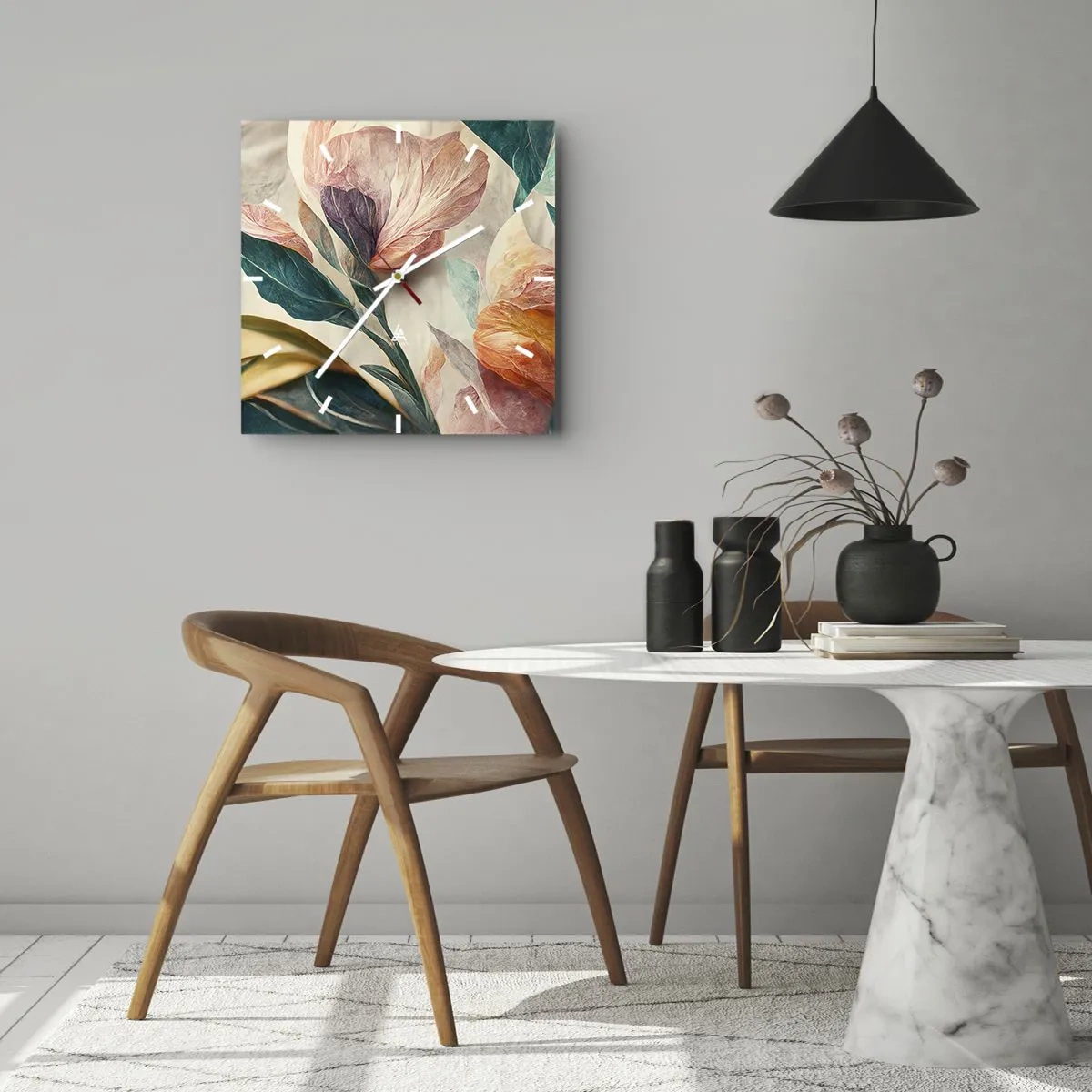 Wanduhr - Glasuhr - Bunte Blumen im tropischen Stil auf hellem Hintergrund - 30x30cm - Blumen der südlichen Inseln - Moderne Wanddekoration für Wohnzimmer und Schlafzimmer ARTTOR