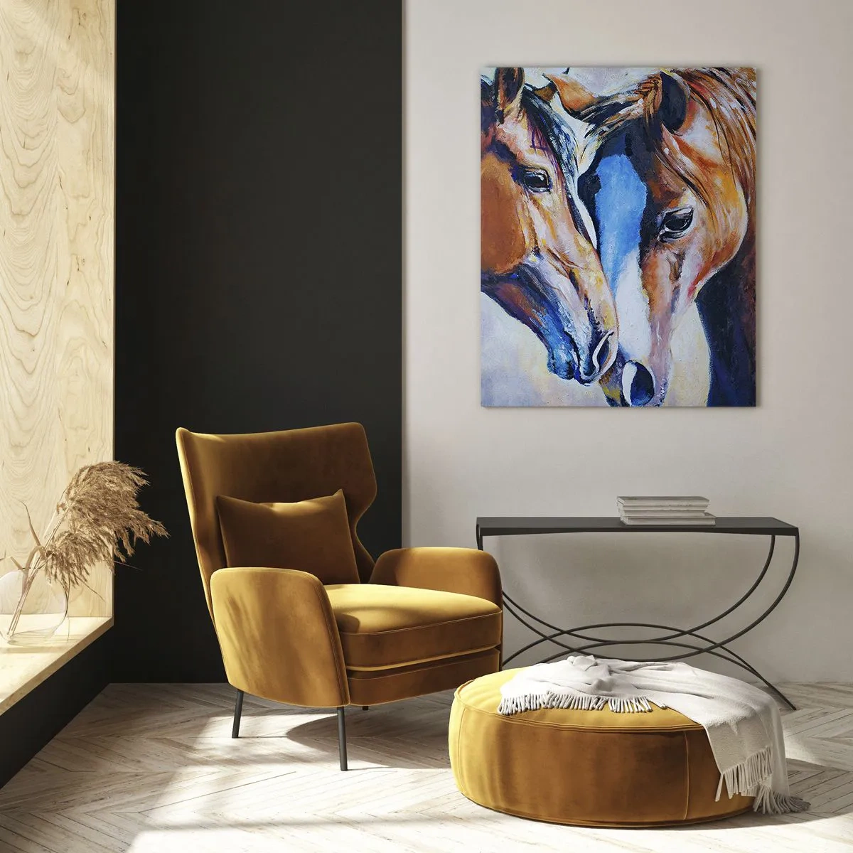 Glasbild - Bild auf glas - Zwei Pferde in zärtlicher Geste der Nähe - 50x70cm - Ist es Freundschaft? ist es baby - Moderne Wanddekoration für Wohnzimmer und Schlafzimmer ARTTOR
