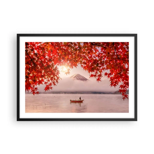 Poster in einem schwarzem Rahmen - Ein Boot auf einem See, umgeben von roten Ahornblättern - 70x50cm - Im japanischen Klima - Moderne Wanddekoration für Wohnzimmer und Schlafzimmer ARTTOR