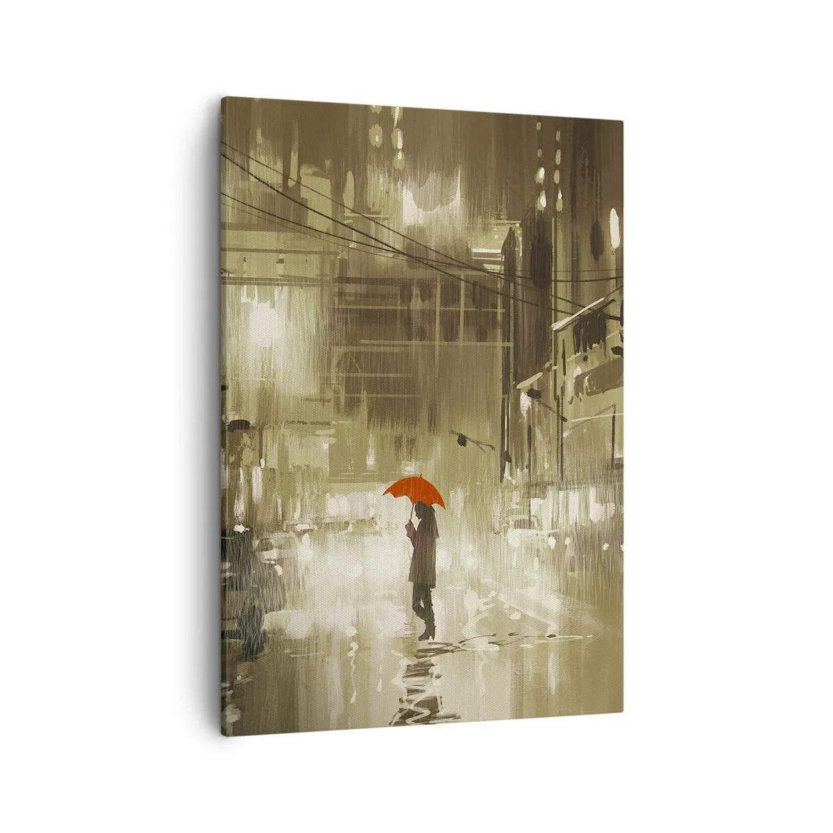 Bild auf Leinwand - Leinwandbild - Eine Figur mit einem roten Regenschirm in einer verregneten Stadt - 50x70cm - Allein aber nicht einsam - Moderne Wanddekoration für Wohnzimmer und Schlafzimmer ARTTOR