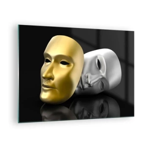 Glasbild - Bild auf glas - Gold- und Silbermaske auf schwarzem Hintergrund - 70x50cm - Das Leben ist wie ein Theater - Moderne Wanddekoration für Wohnzimmer und Schlafzimmer ARTTOR