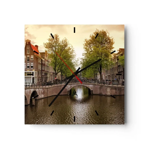 Wanduhr - Glasuhr - Ein Kanal in Amsterdam, umgeben von historischen Mietshäusern - 30x30cm - Mit dem Boot oder mit dem Fahrrad? - Moderne Wanddekoration für Wohnzimmer und Schlafzimmer ARTTOR
