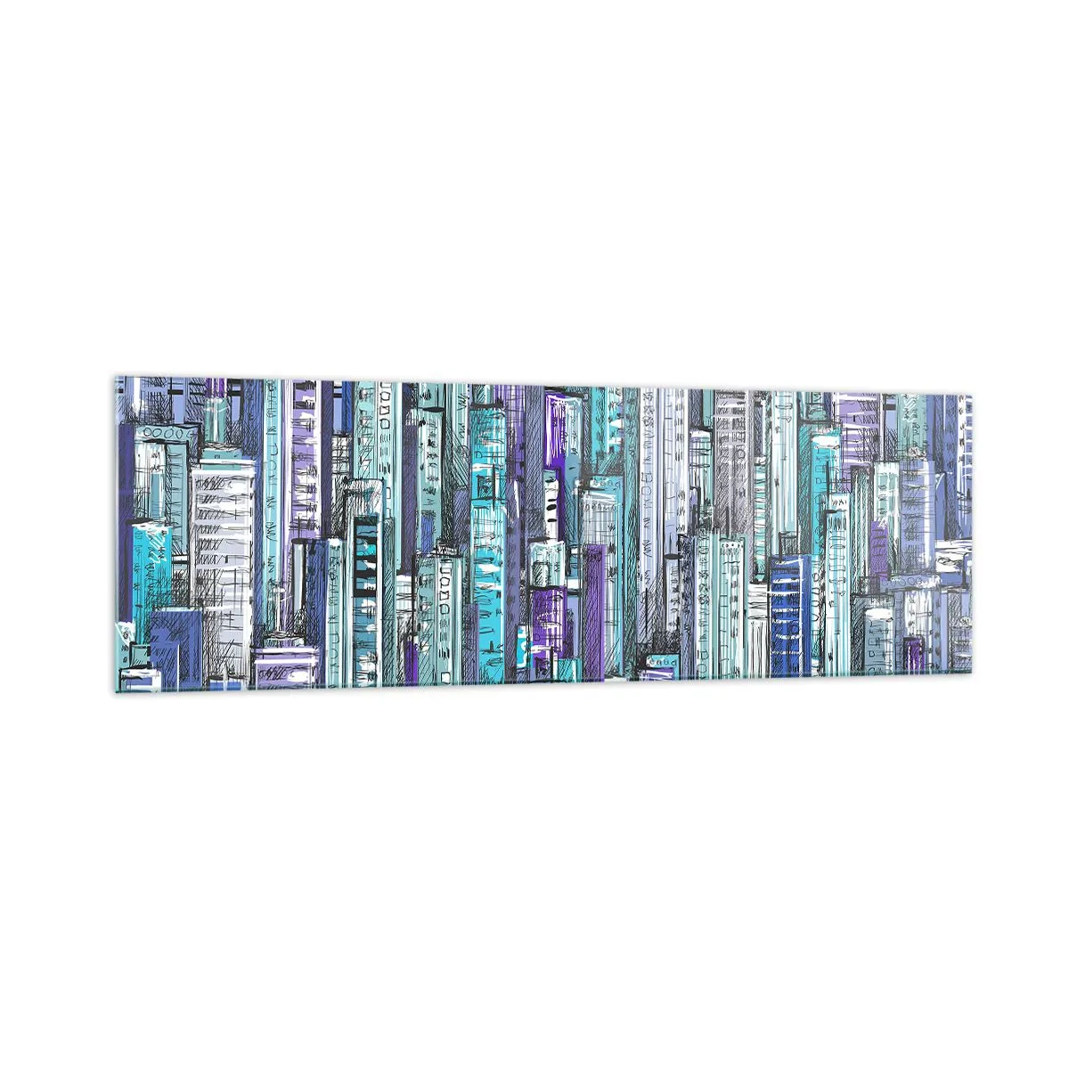 Glasbild - Bild auf glas - Illustration einer Stadt mit geometrischen Gebäuden in Blau- und Lilatönen. - 160x50cm - Bläulich von dem Himmel - Moderne Wanddekoration für Wohnzimmer und Schlafzimmer ARTTOR