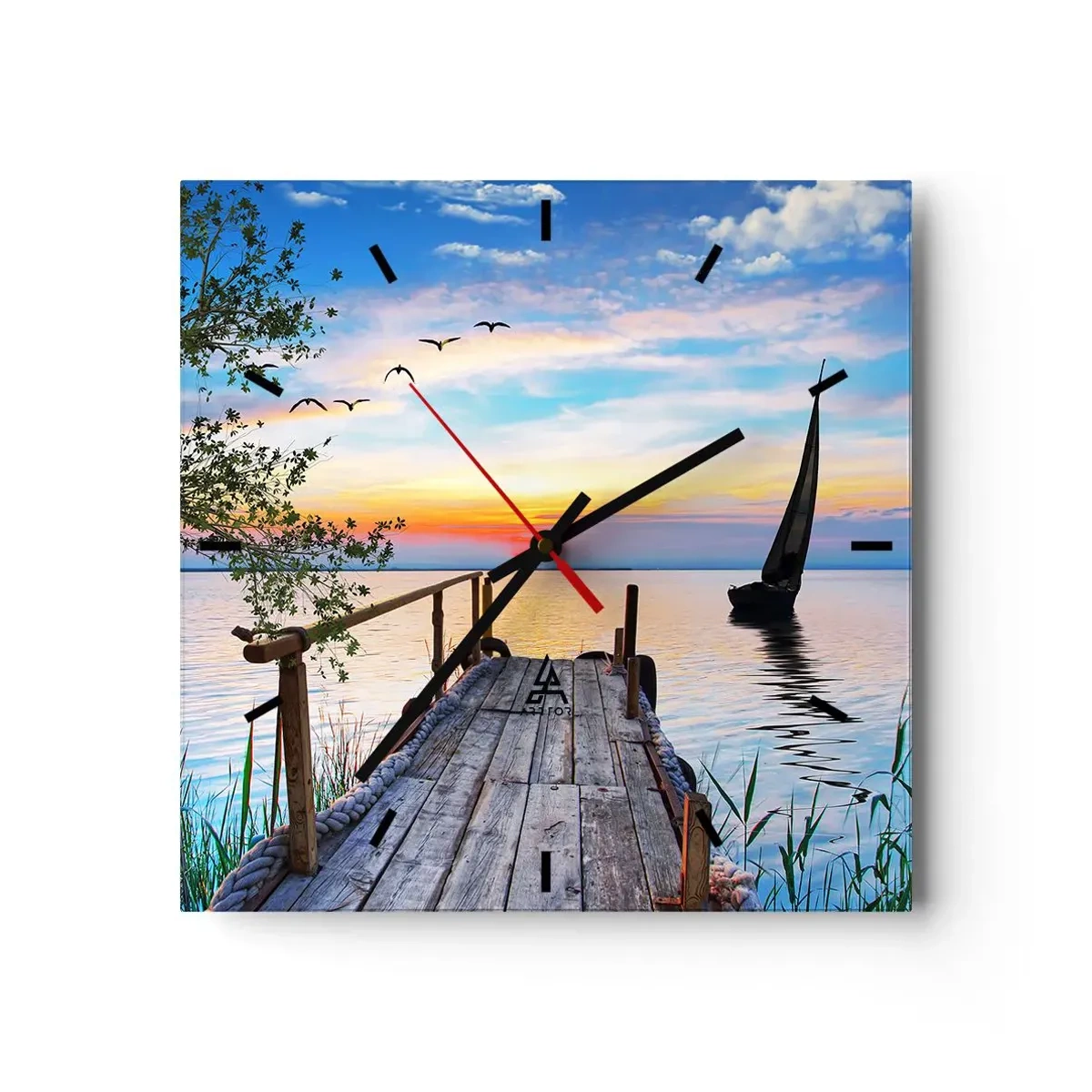 Wanduhr - Glasuhr - Seepier mit Boot und Sonnenuntergang - 30x30cm - Guten Abend - Moderne Wanddekoration für Wohnzimmer und Schlafzimmer ARTTOR