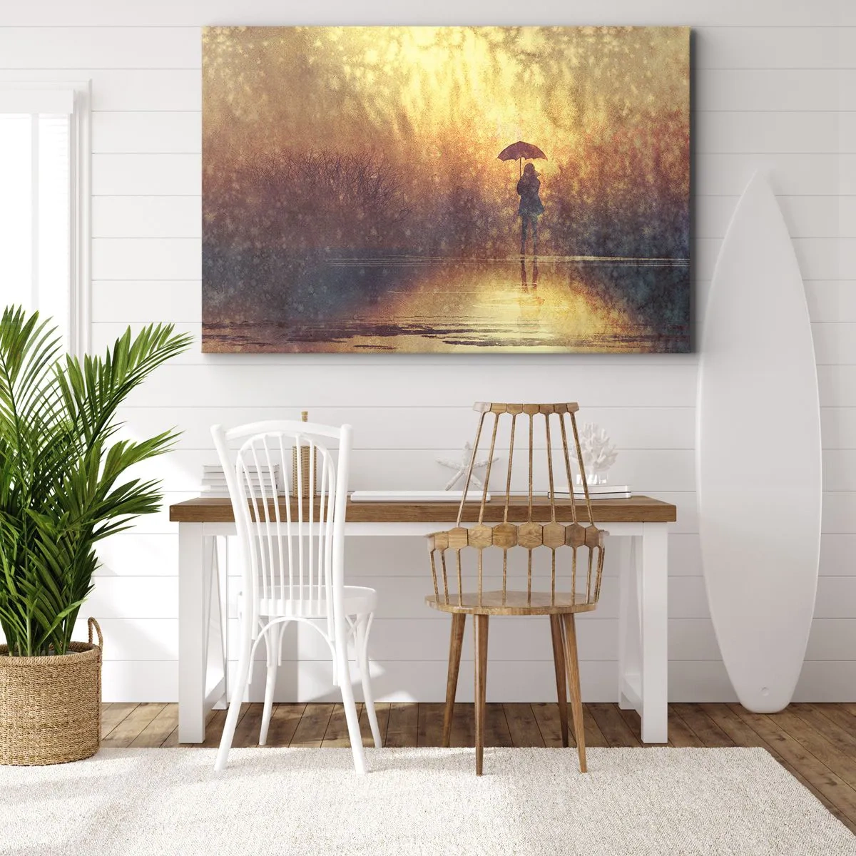 Bild auf Leinwand - Leinwandbild - Eine Figur mit einem Regenschirm in einer nebligen Landschaft voller Reflexionen - 70x50cm - Ich habe das Gefühl, dass mich jemand ansieht - Moderne Wanddekoration für Wohnzimmer und Schlafzimmer ARTTOR