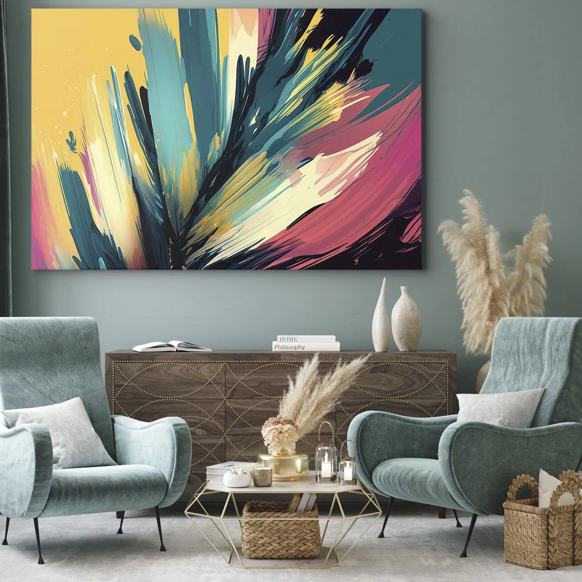 Bild auf Leinwand - Leinwandbild - Eine abstrakte Komposition in intensiven und kontrastreichen Farben. - 70x50cm - Komposition – eine Explosion der Freude - Moderne Wanddekoration für Wohnzimmer und Schlafzimmer ARTTOR