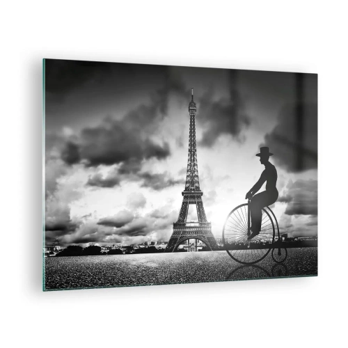 Glasbild - Bild auf glas - Eiffelturm mit Retro-Fahrrad in Schwarz und Weiß - 70x50cm - Sehnsucht nach Belle Epoque - Moderne Wanddekoration für Wohnzimmer und Schlafzimmer ARTTOR