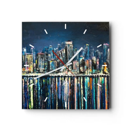 Wanduhr - Glasuhr - Panorama der nächtlichen Stadt, die sich im Wasser spiegelt - 30x30cm - Kaskade von Lichtern - Moderne Wanddekoration für Wohnzimmer und Schlafzimmer ARTTOR