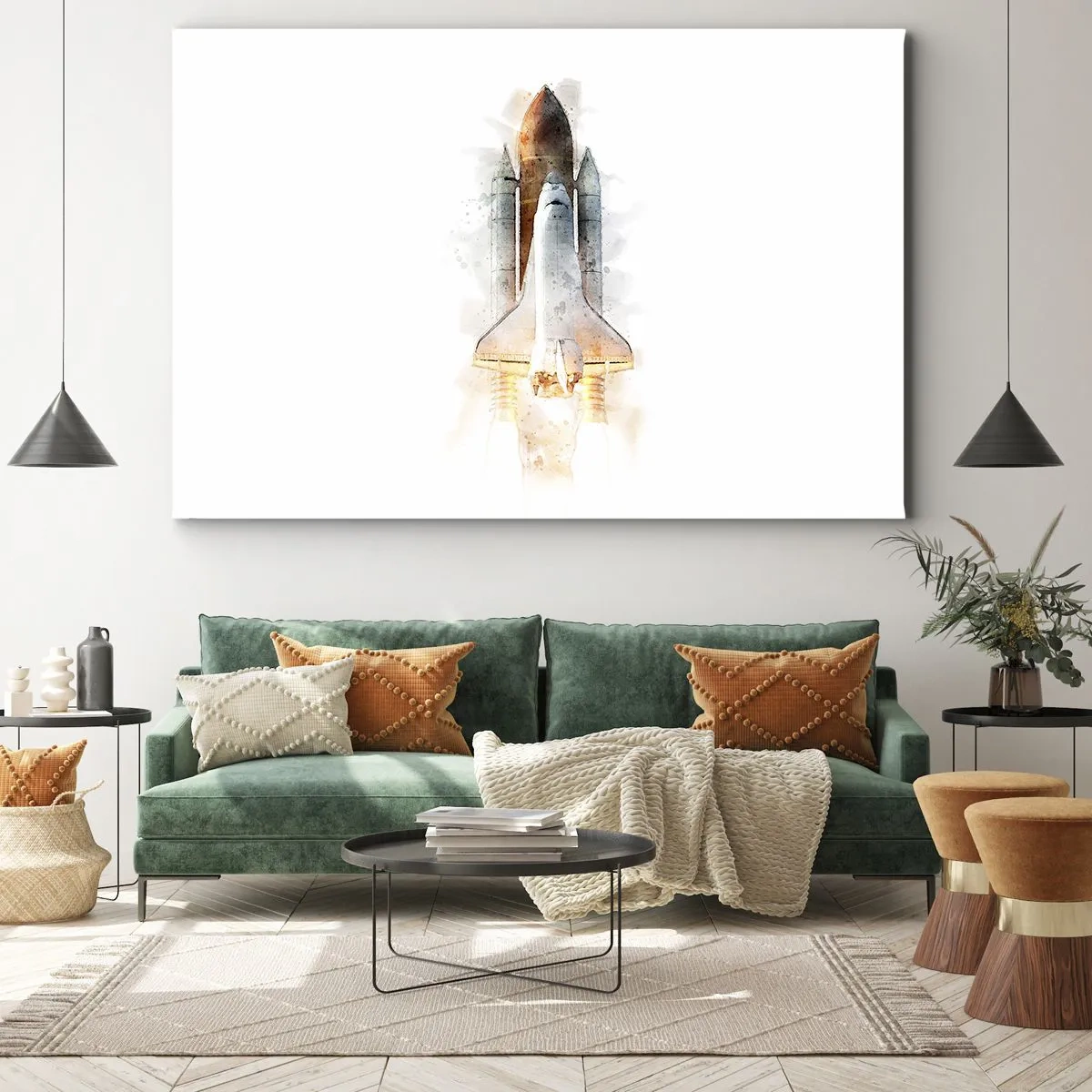 Bild auf Leinwand - Leinwandbild - Eine künstlerische Aquarell-Interpretation eines startenden Space Shuttles - 100x70cm - Entdecker für den Anfang - Moderne Wanddekoration für Wohnzimmer und Schlafzimmer ARTTOR