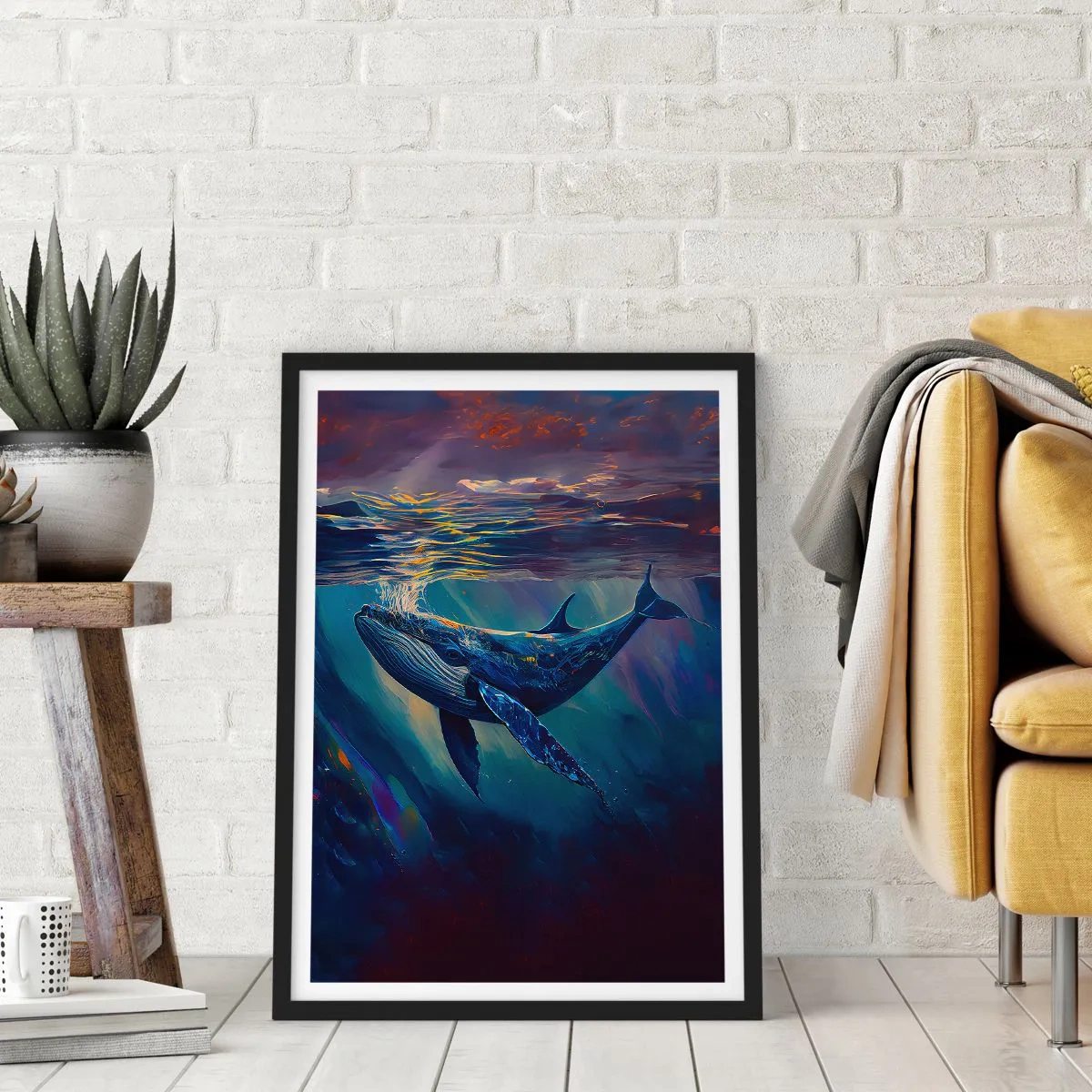 Poster in einem schwarzem Rahmen - Ein stimmungsvolles Bild eines Wals im Unterwasserlicht - 50x70cm - Willkommen in meiner Welt - Moderne Wanddekoration für Wohnzimmer und Schlafzimmer ARTTOR