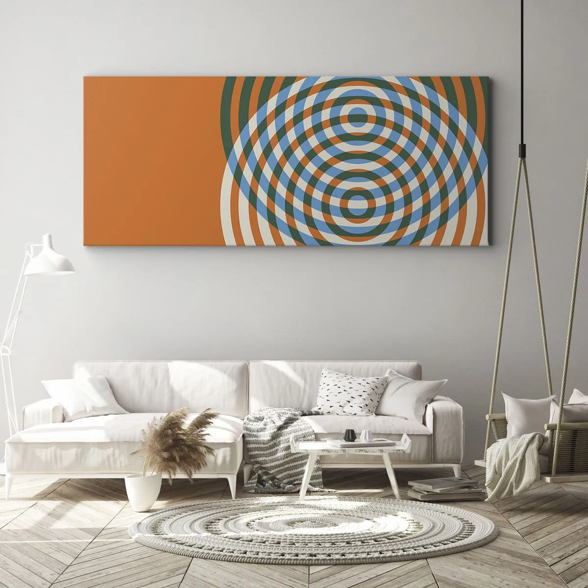 Bild auf Leinwand - Leinwandbild - Konzentrische Kreise auf orangefarbenem Hintergrund - 120x50cm - Abstrakte kreisförmige Variation - Moderne Wanddekoration für Wohnzimmer und Schlafzimmer ARTTOR