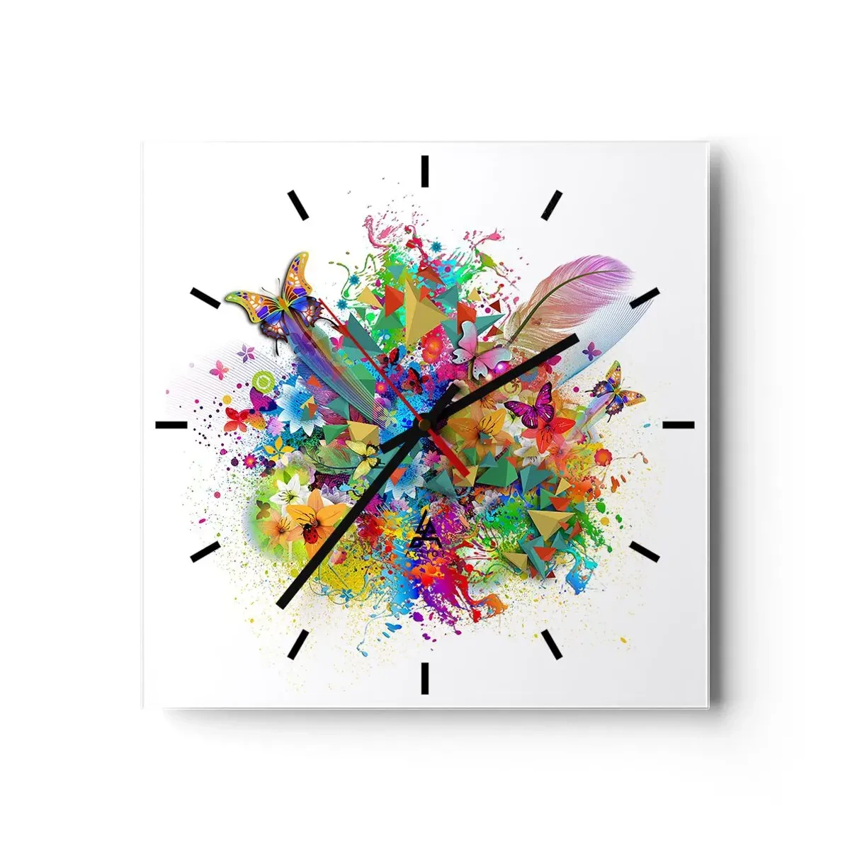 Wanduhr - Glasuhr - Farbenfrohes Motiv mit Blumen und Schmetterlingen - 30x30cm - Ein Strauß Freude - Moderne Wanddekoration für Wohnzimmer und Schlafzimmer ARTTOR