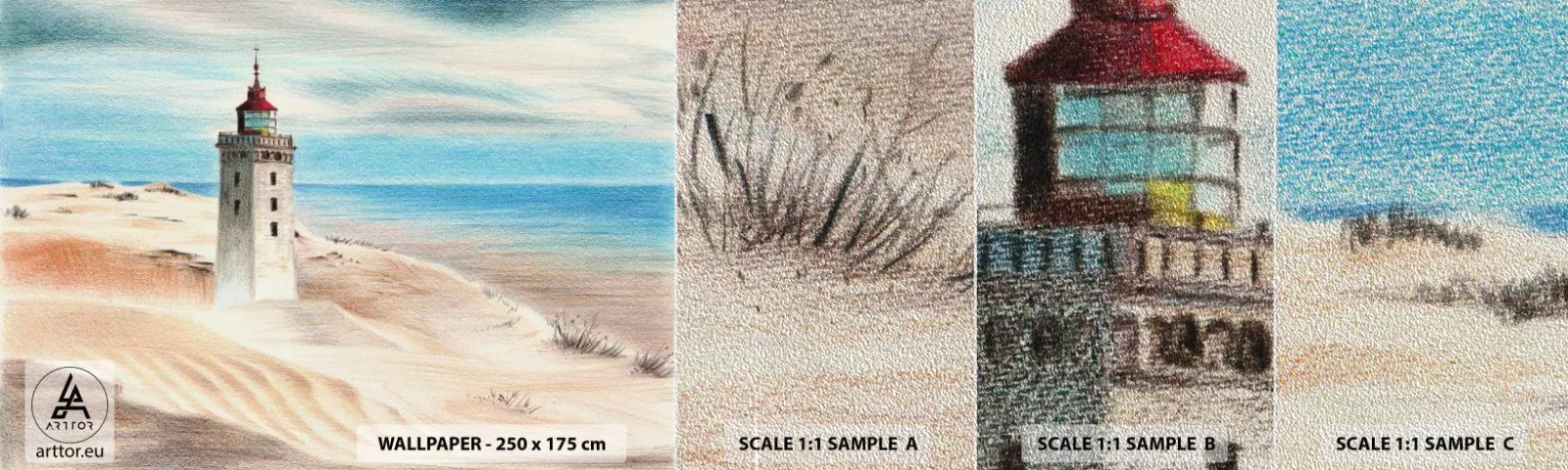 Fototapeten Muster Premium Sand - Immer aufs Meer starrend - Leuchtturm, Strand, Meer - 100x30 cm