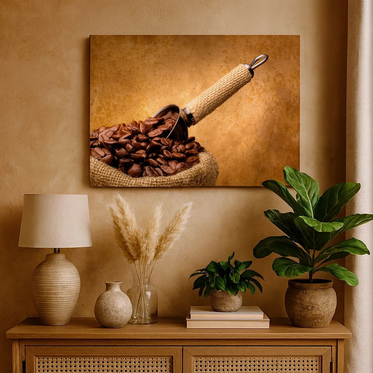 Bild auf Leinwand - Leinwandbild - Kaffeebohnen in einem Jutebeutel mit einem Metalllöffel - 70x50cm - An der Quelle des Geschmacks - Moderne Wanddekoration für Wohnzimmer und Schlafzimmer ARTTOR