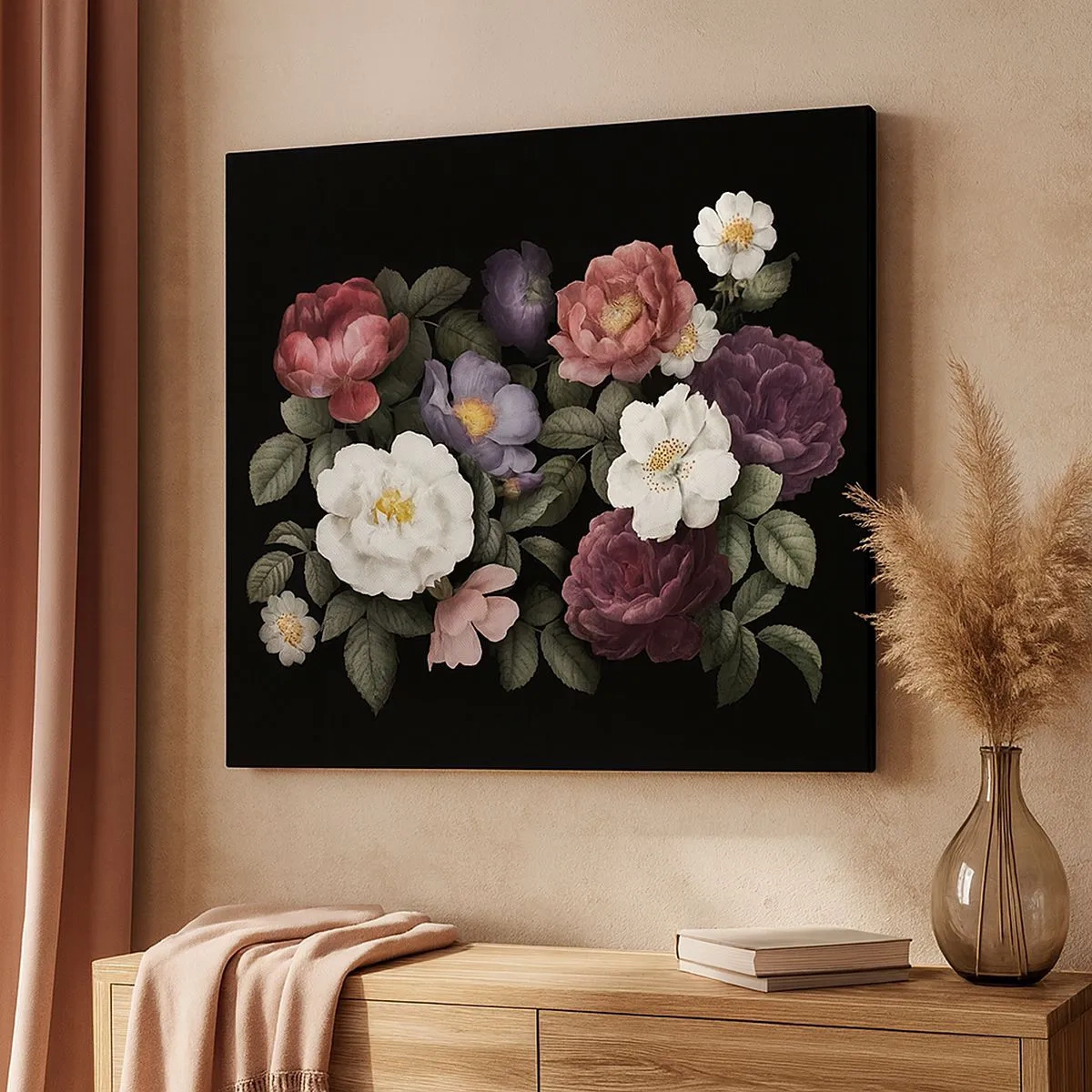 Bild auf Leinwand - Leinwandbild - Blumen in verschiedenen Farben auf schwarzem Hintergrund - 70x50cm - Aus dem Englischen Garten - Moderne Wanddekoration für Wohnzimmer und Schlafzimmer ARTTOR