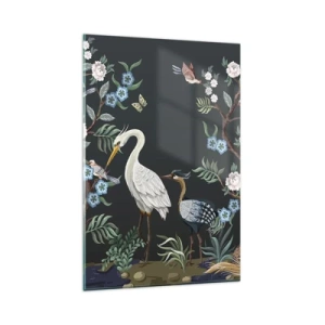 Glasbild - Bild auf glas - Gemalte Vögel und Pflanzen auf dunklem Hintergrund mit elegantem Muster - 80x120cm - Vogelparade - Moderne Wanddekoration für Wohnzimmer und Schlafzimmer ARTTOR