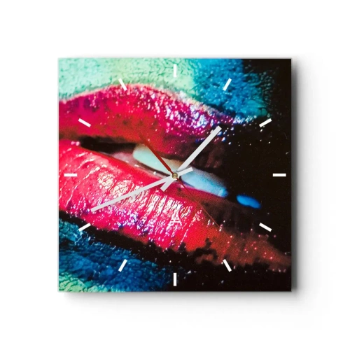 Wanduhr - Glasuhr - Nahaufnahme von bunten, glänzenden Lippen vor künstlerischem Hintergrund - 30x30cm - Sinnlich und verstörend - Moderne Wanddekoration für Wohnzimmer und Schlafzimmer ARTTOR