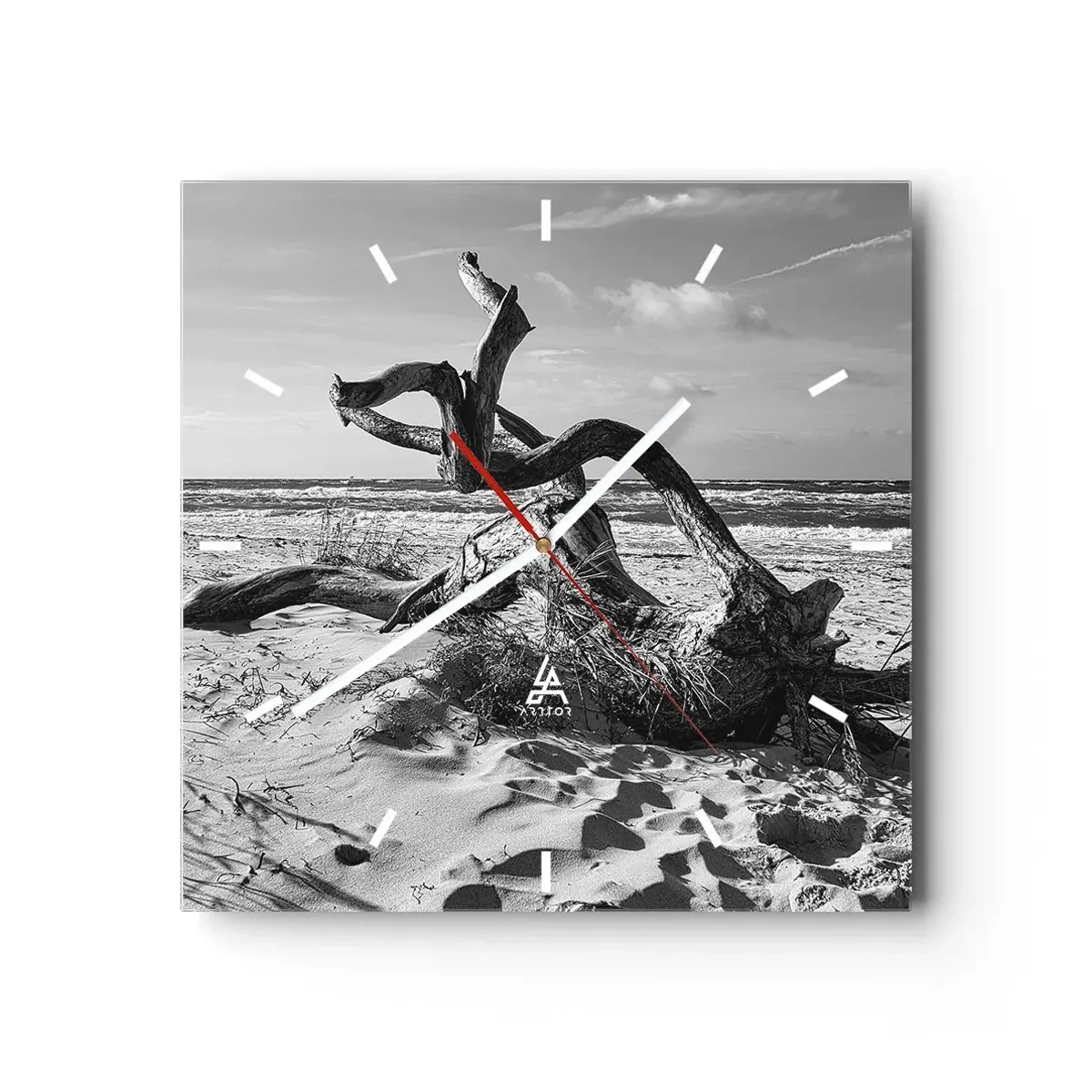Wanduhr - Glasuhr - Schwarz-weiße Landschaft mit einem toten Baum am Strand - 30x30cm - Meeresskulptur - Moderne Wanddekoration für Wohnzimmer und Schlafzimmer ARTTOR