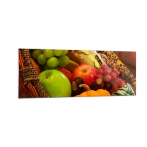 Glasbild - Bild auf glas - Ein Korb mit Obst, Kürbissen und Mais vor einem Hintergrund aus Herbstfarben. - 140x50cm - Ein Korb voller Ernte - Moderne Wanddekoration für Wohnzimmer und Schlafzimmer ARTTOR