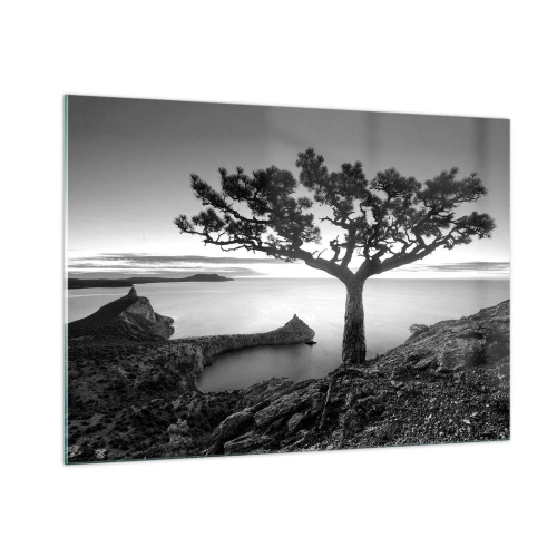 Glasbild - Bild auf glas - Ein Baum auf einer Klippe mit Blick auf die Bucht - 100x70cm - Stille bis zum Horizont - Moderne Wanddekoration für Wohnzimmer und Schlafzimmer ARTTOR
