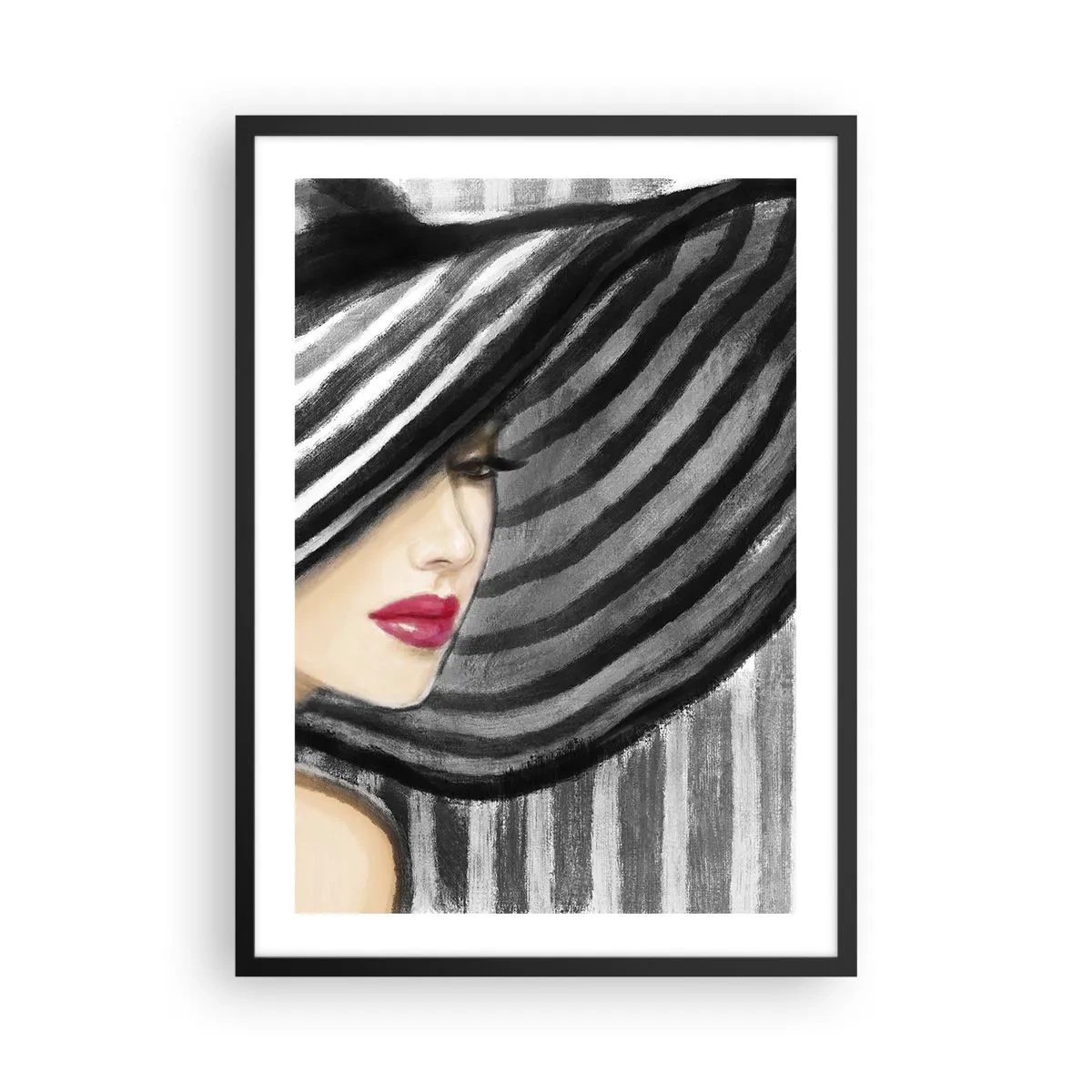 Poster in einem schwarzem Rahmen - Eine Frau mit breitem Hut und roten Lippen - 50x70cm - Wo soll ich dich finden? - Moderne Wanddekoration für Wohnzimmer und Schlafzimmer ARTTOR