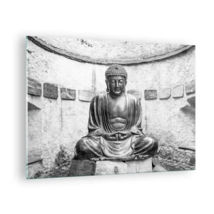Glasbild - Bild auf glas - Schwarz-weiße Buddha-Statue in meditativer Pose - 70x50cm - An der Quelle des Friedens - Moderne Wanddekoration für Wohnzimmer und Schlafzimmer ARTTOR