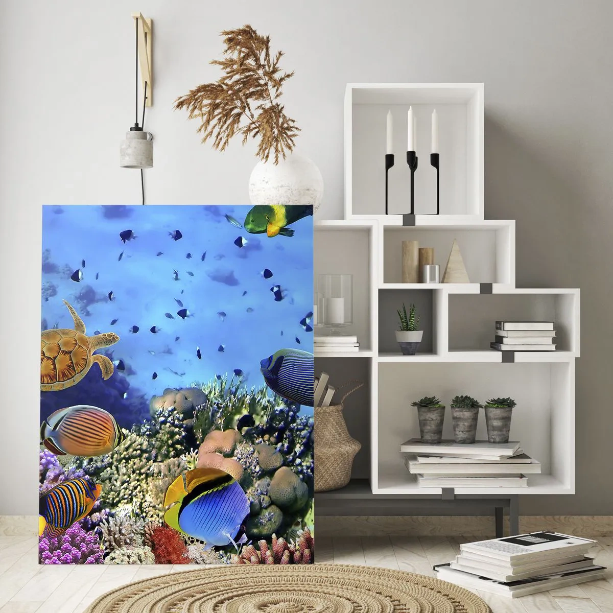 Glasbild - Bild auf glas - Bunte Fische und eine Meeresschildkröte vor einem Korallenriff - 50x70cm - Und was wissen wir über das Leben ... - Moderne Wanddekoration für Wohnzimmer und Schlafzimmer ARTTOR