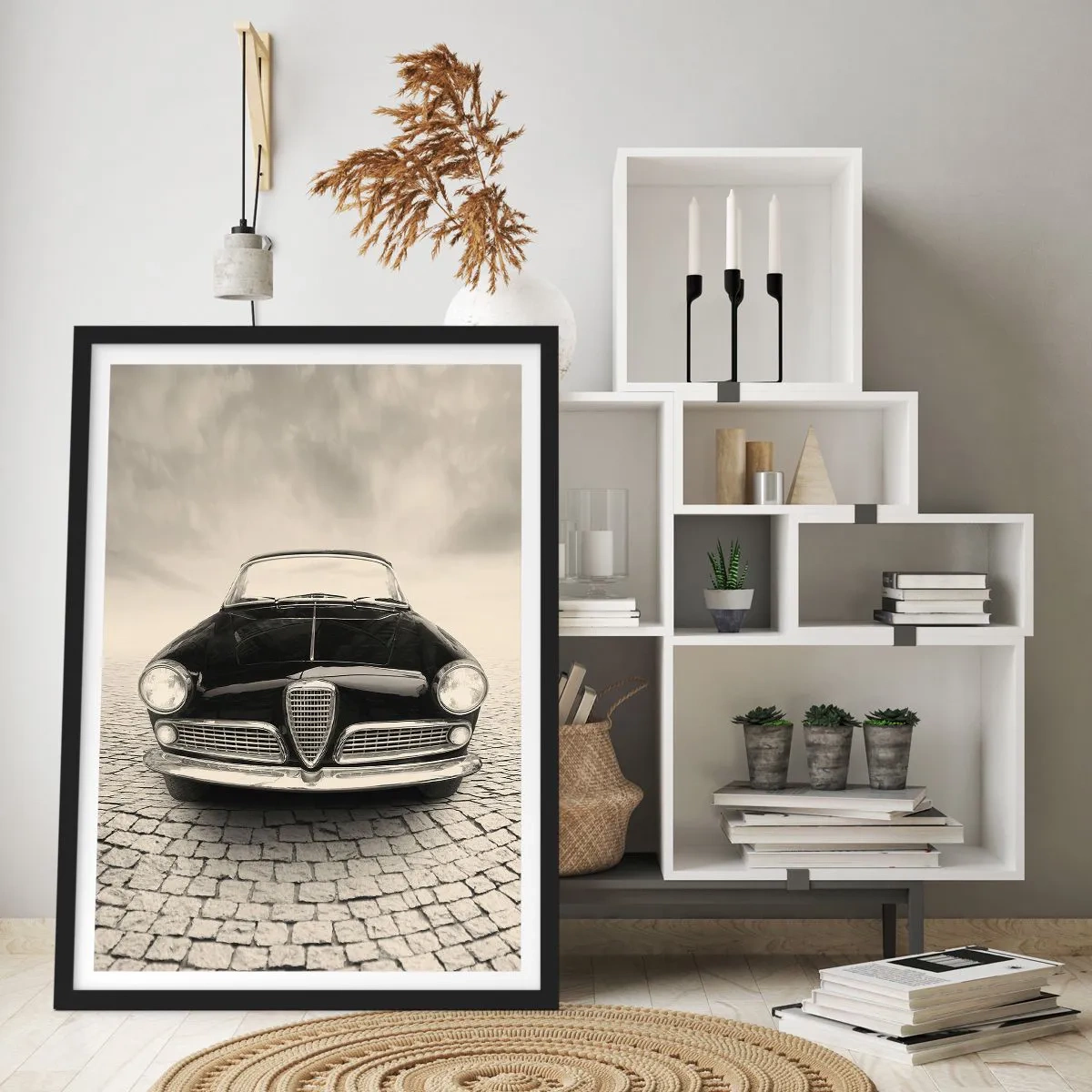 Poster in einem schwarzem Rahmen - Die Front eines Oldtimers auf einer Kopfsteinpflasterstraße - 50x70cm - Man muss mich einfach lieben - Moderne Wanddekoration für Wohnzimmer und Schlafzimmer ARTTOR