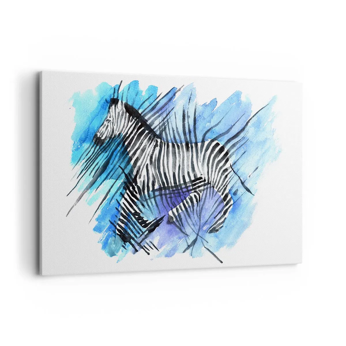 Bild auf Leinwand - Leinwandbild - Aquarell-Illustration eines Zebras vor blauem Himmel - 120x80cm - In Streifen versteckt - Moderne Wanddekoration für Wohnzimmer und Schlafzimmer ARTTOR