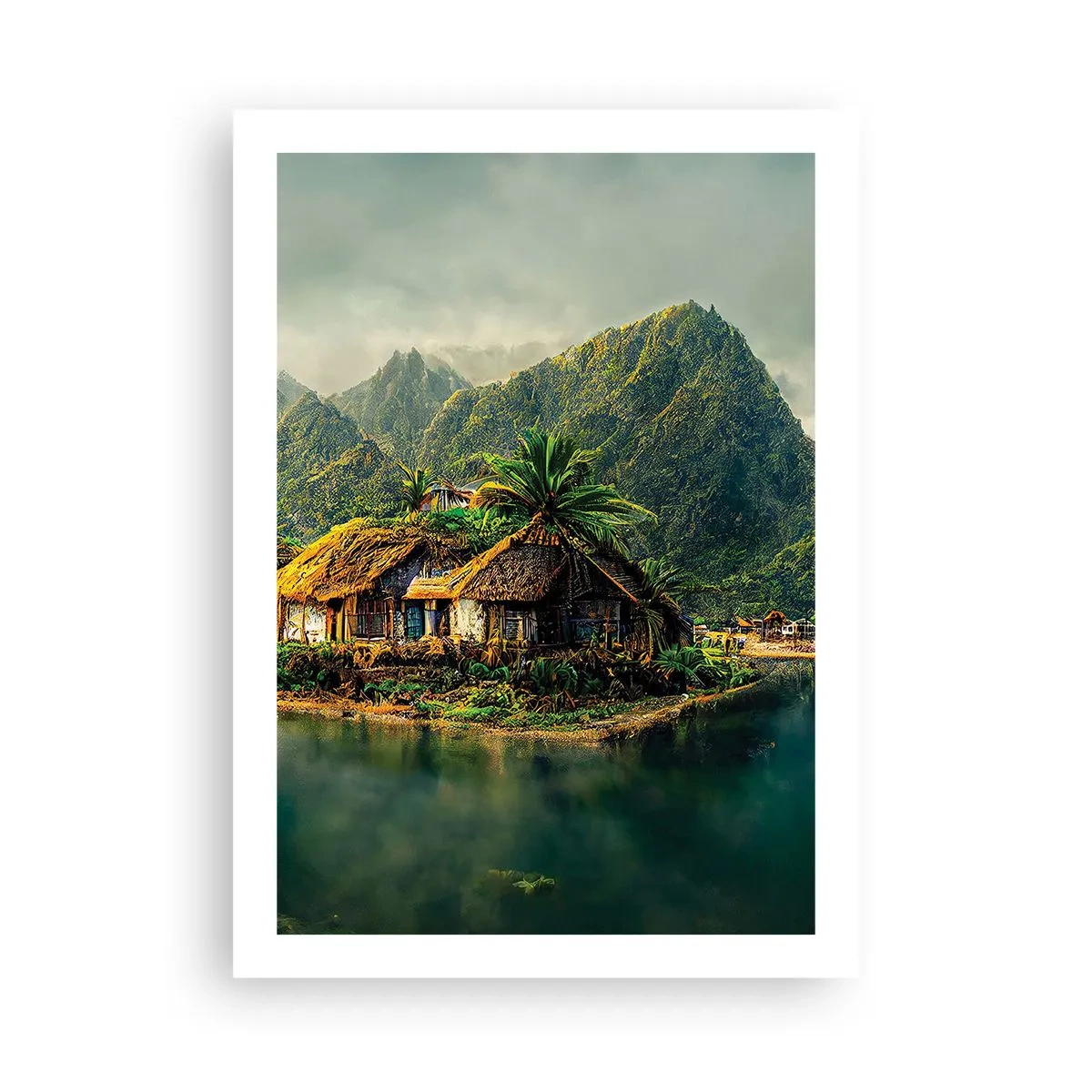 Poster - Tropisches Ferienhaus mit Bergen und einem See im Hintergrund - 50x70cm - Tropisches Paradies - Moderne Wanddekoration für Wohnzimmer und Schlafzimmer ARTTOR