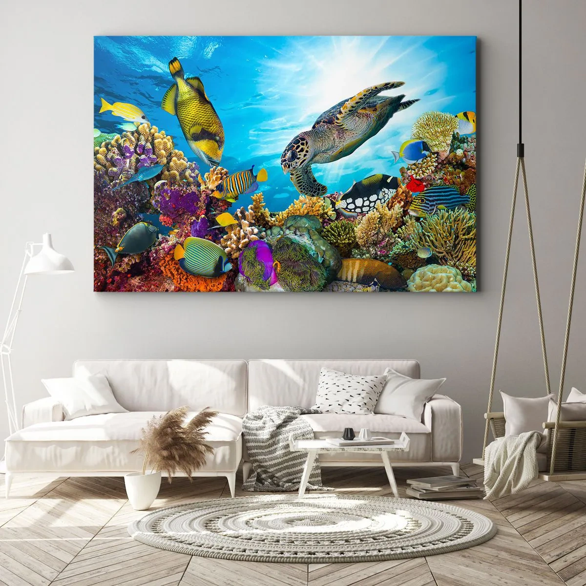 Bild auf Leinwand - Leinwandbild - Unterwasserwelt mit bunten Fischen und einer Schildkröte in den Korallen - 100x70cm - Korallenpromenade - Moderne Wanddekoration für Wohnzimmer und Schlafzimmer ARTTOR