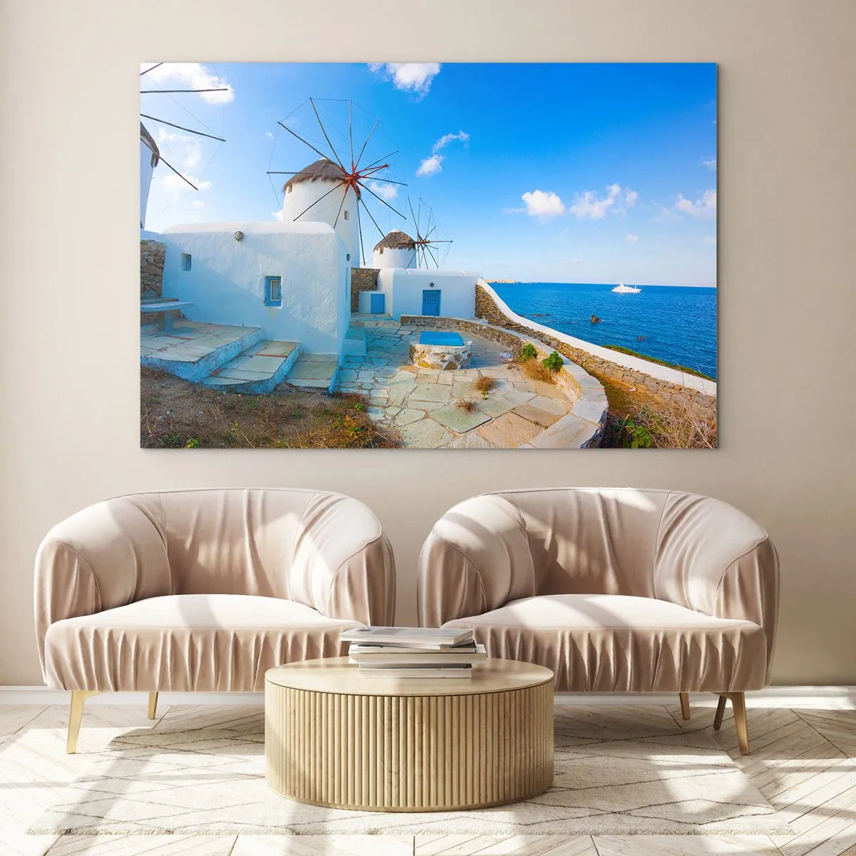 Glasbild - Bild auf glas - Windmühlen an der Ägäisküste - 70x50cm - Der blaue Wind vom Meer - Moderne Wanddekoration für Wohnzimmer und Schlafzimmer ARTTOR